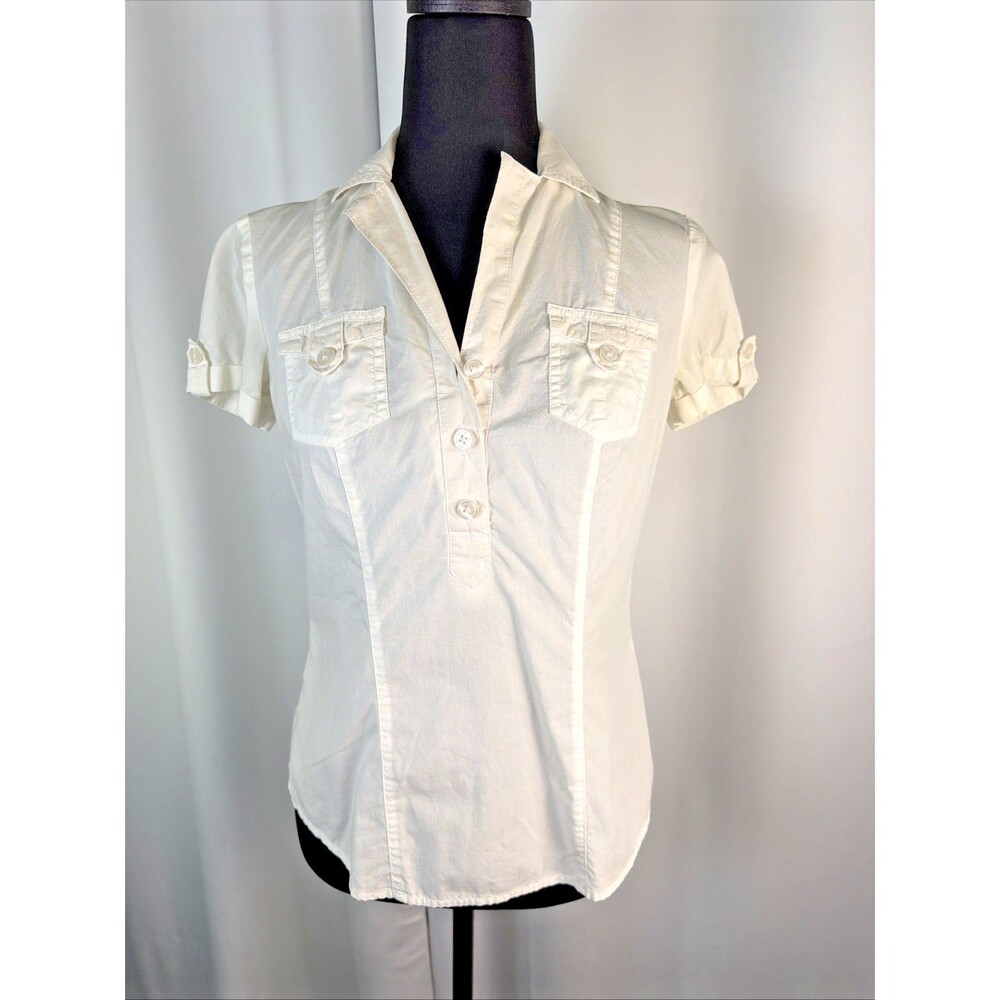 LOFT White Short Sleeve Button Down Shirt 0P Petites 100% Cotton Blouse Classic